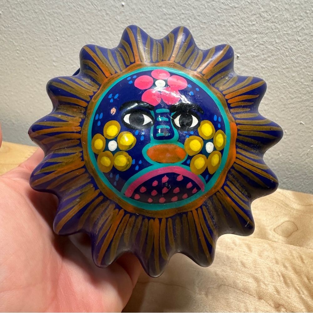 Hand Painted Mexican Folk Art Sun Face Ceramic Trinket Box Talavera Style